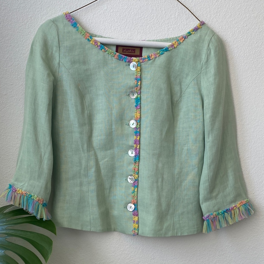 Vintage Early 90’s Women's Green Linen Top/Jacket with Multicolor Trim